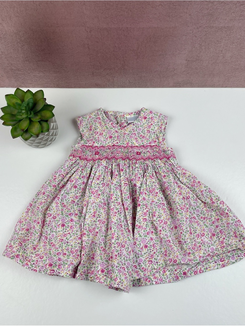 Edgehill Collection Pink White Floral Smocked Dress Baby Girl Size 3 Months